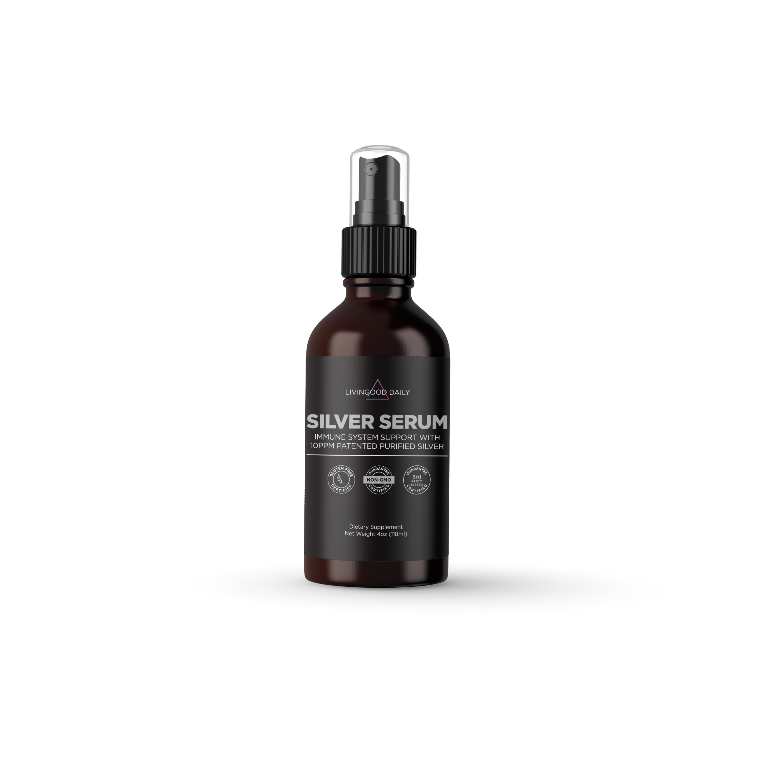 Livingood Daily Silver Serum immune support spray bottle with 10PPM patented purified silver