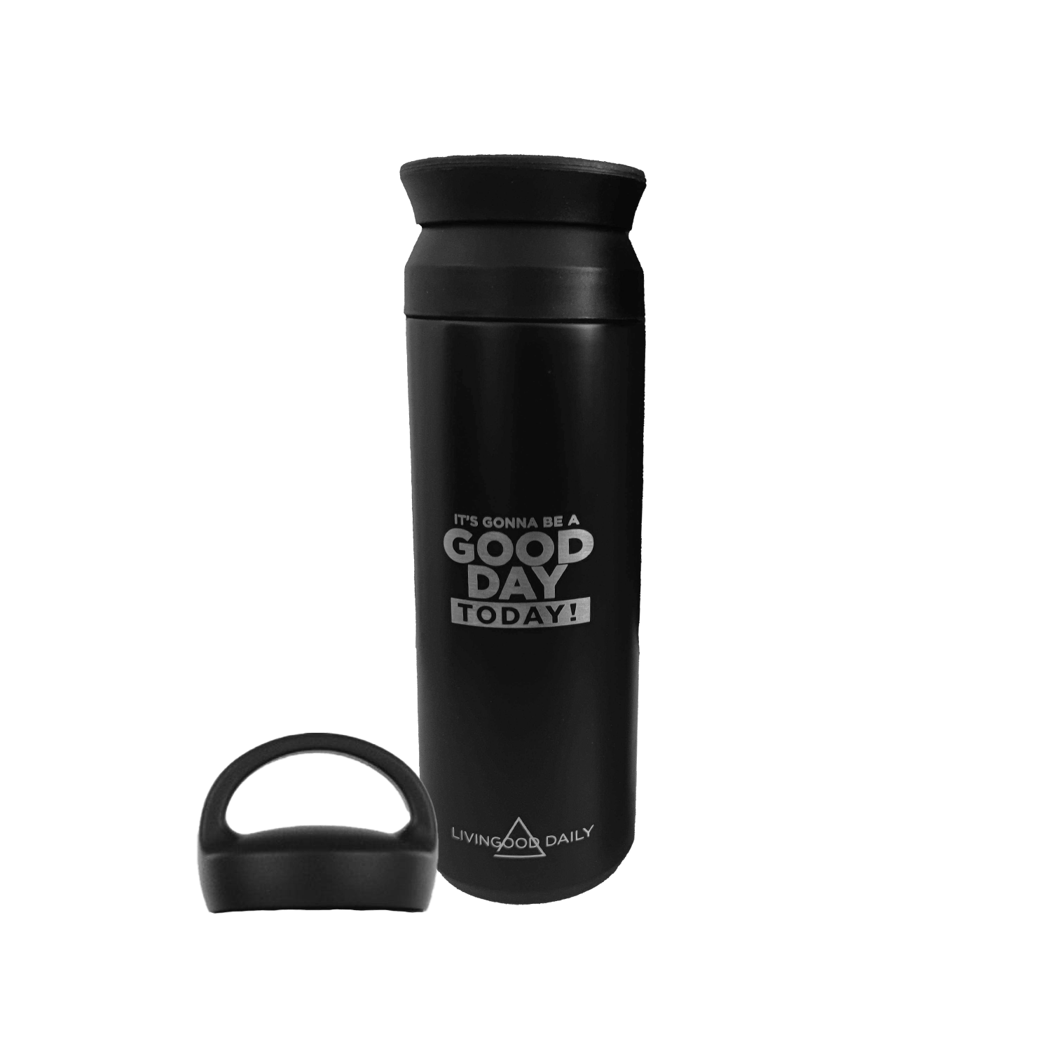 Black insulated travel mug with motivational quote and brand logo