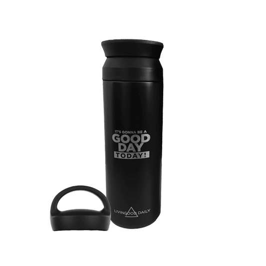 Black insulated travel mug with motivational quote and brand logo