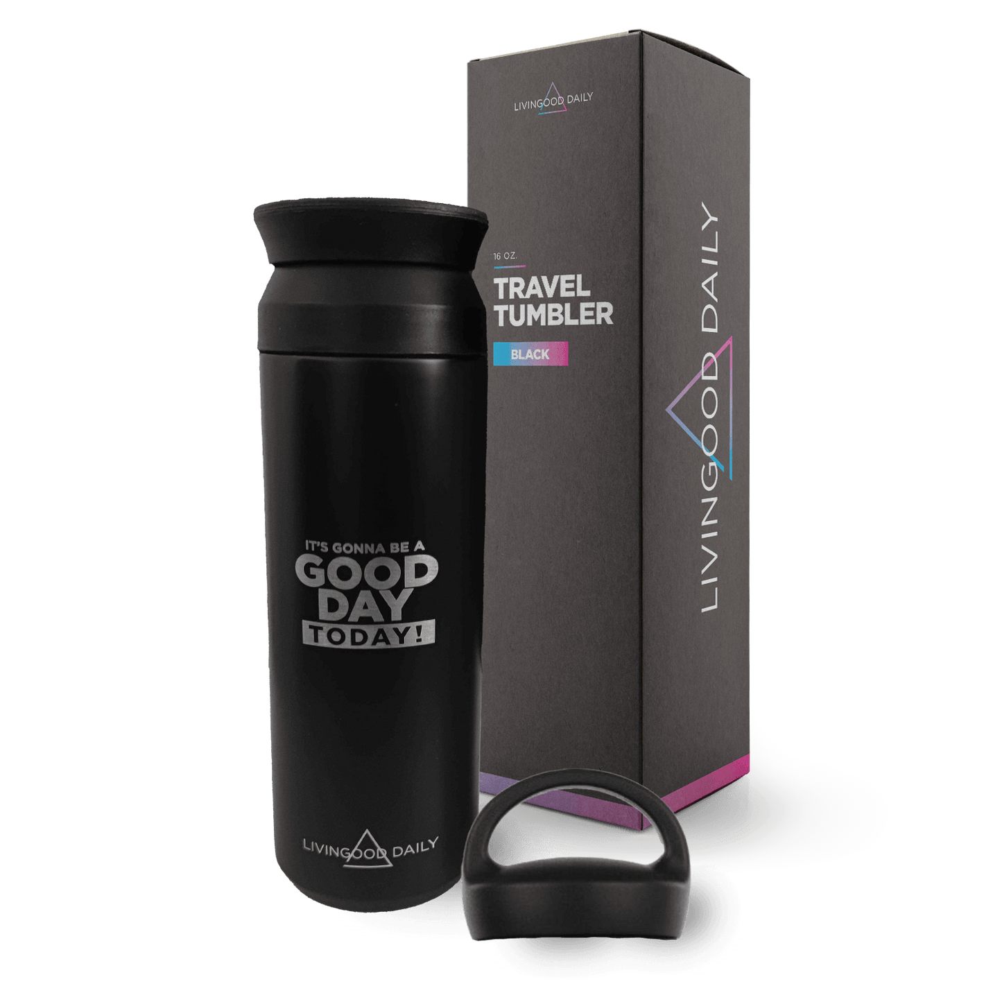 LivingGood Daily black travel tumbler and packaging box with motivational quote