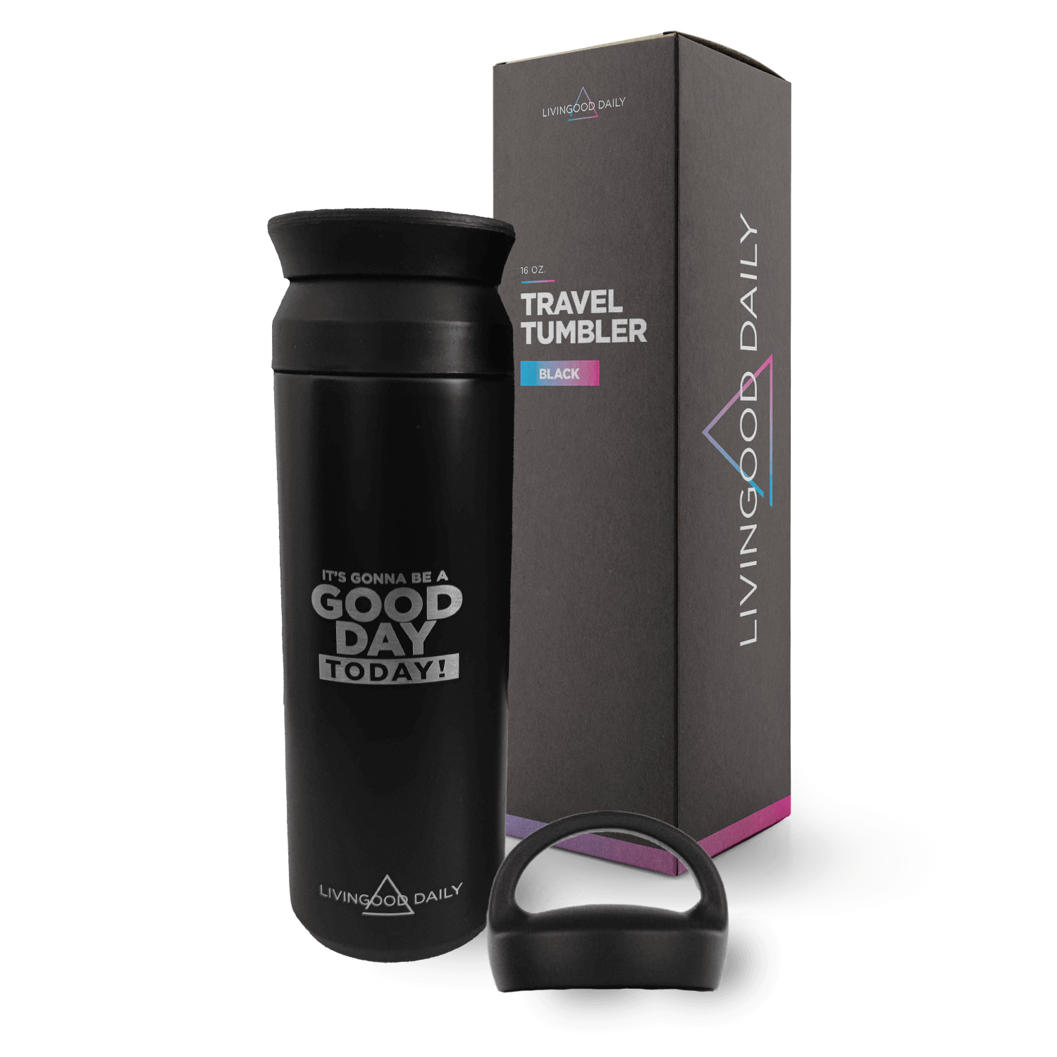 LivingGood Daily black travel tumbler and packaging box with motivational quote