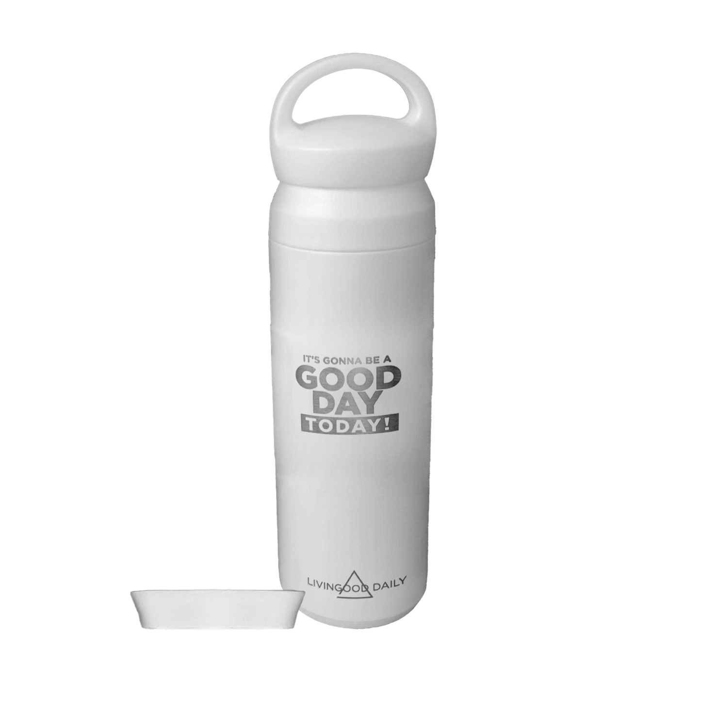 White insulated water bottle with motivational quote and brand logo Livingood Daily