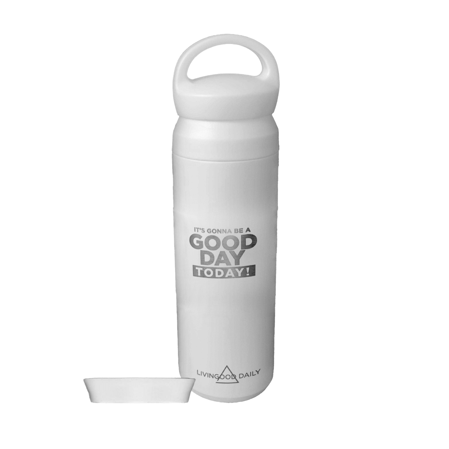 White insulated water bottle with motivational quote and brand logo Livingood Daily