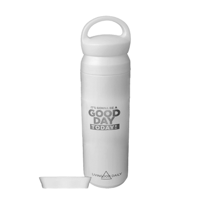 White insulated water bottle with motivational quote and brand logo Livingood Daily