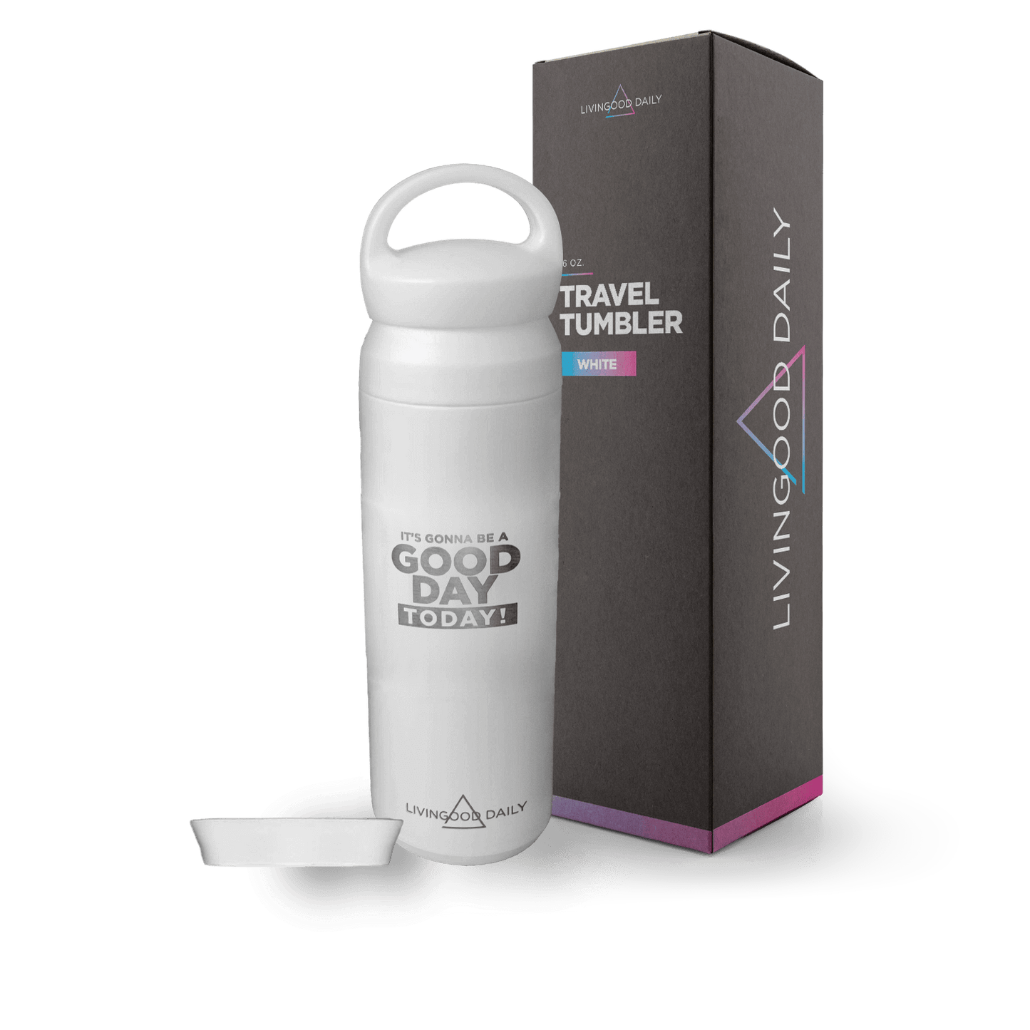 white travel tumbler with inspirational quote beside product box