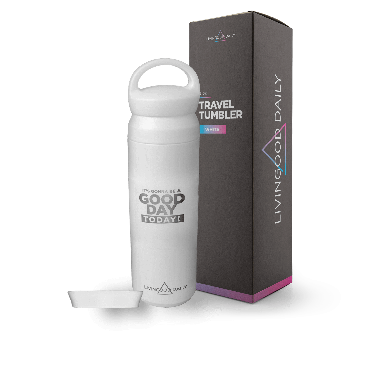 white travel tumbler with inspirational quote beside product box